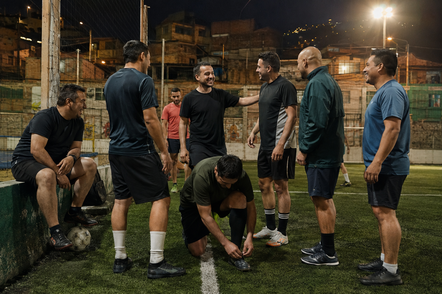 Amigos compartiendo un partido de fútbol en una cancha de barrio